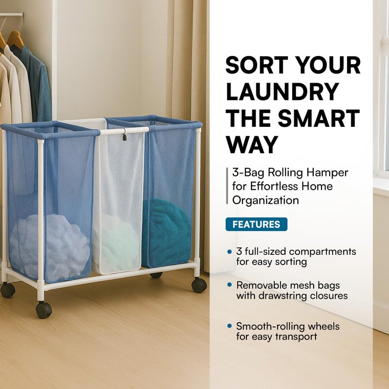 Honey Can Do Honey-Can-Do HMP-01629 3 bag mesh laundry sorter, 30.5" x 15.3" x 30" , Blue/White - Image 2